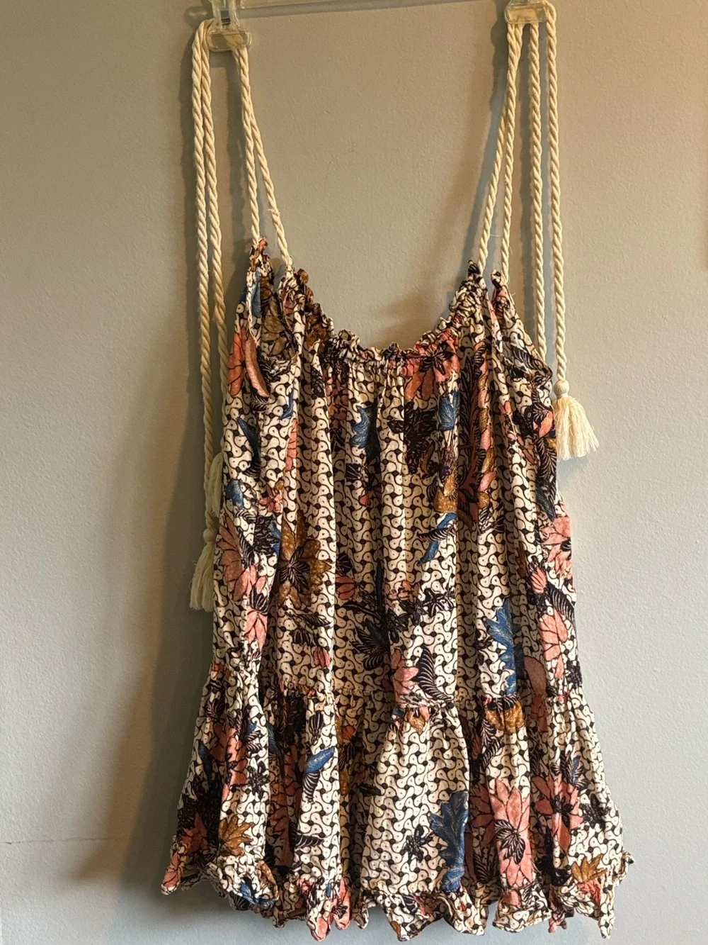 Ulla Johnson Trula Mini Dress Coverup Cotton Blend Print Rope Tie Straps Size L